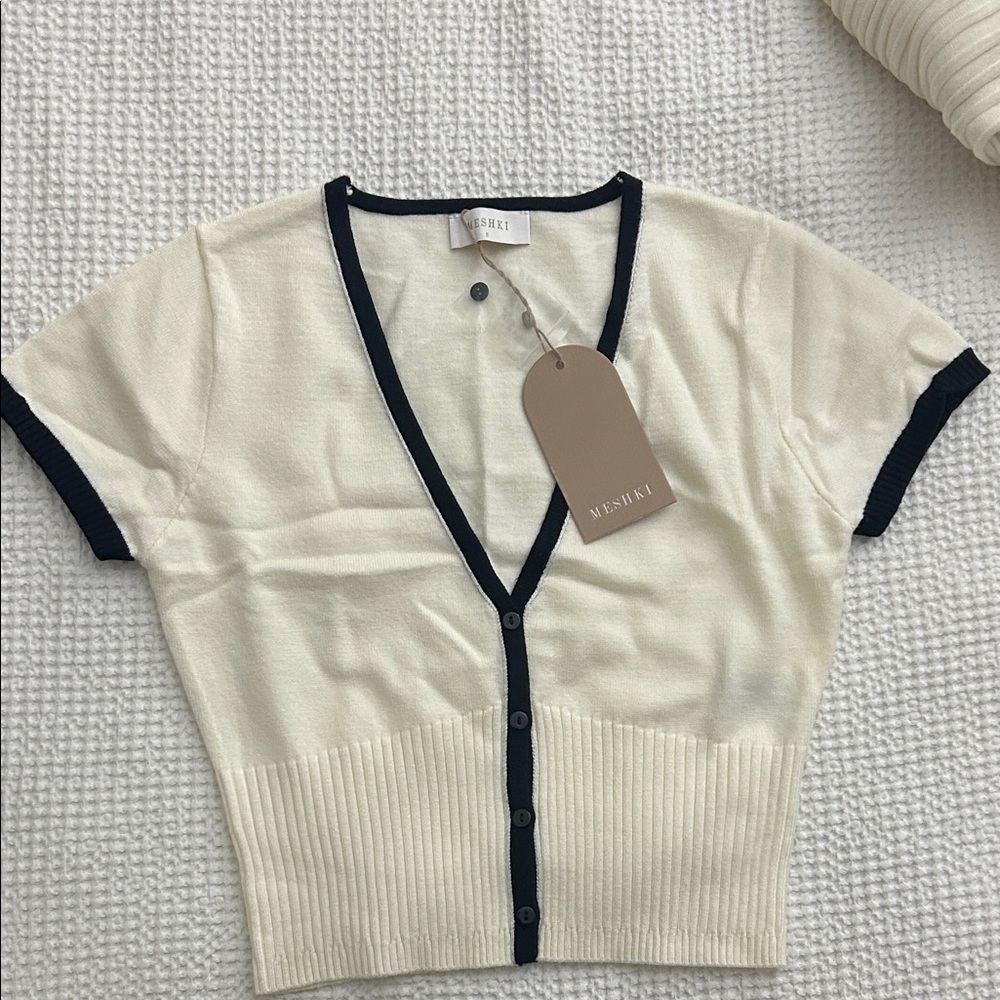Meshki Cream and Black V-Neck Cardigan & Matching skirt